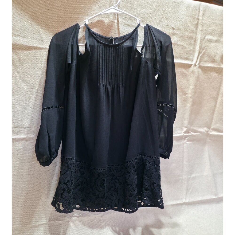 Michael Kors Black Cold Shoulder Pintuck Lace Hem Blouse Tunic Top Sz Large